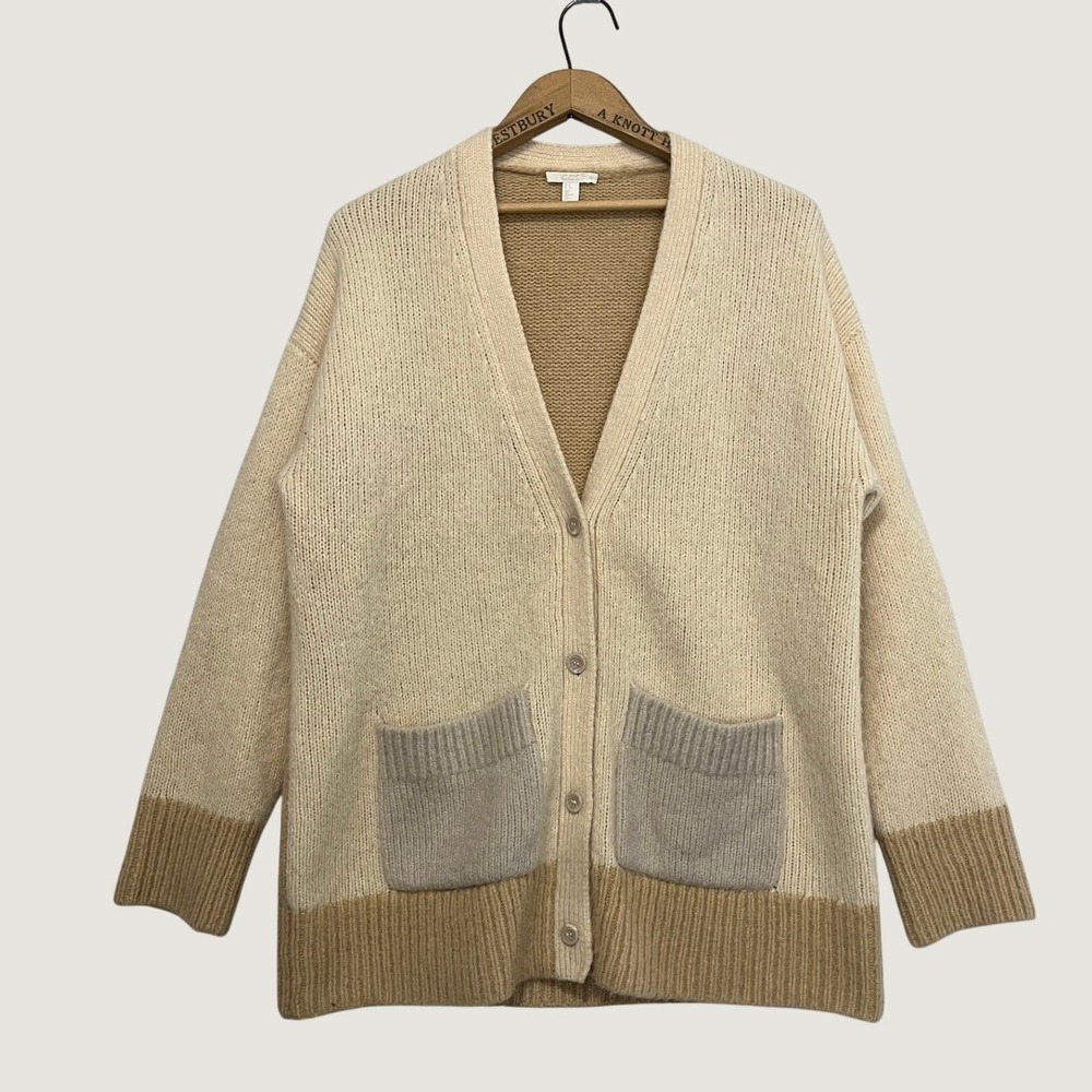COS Alpaca Wool Blend Colorblock Cardigan Sweater Cream Tan Beige Small S